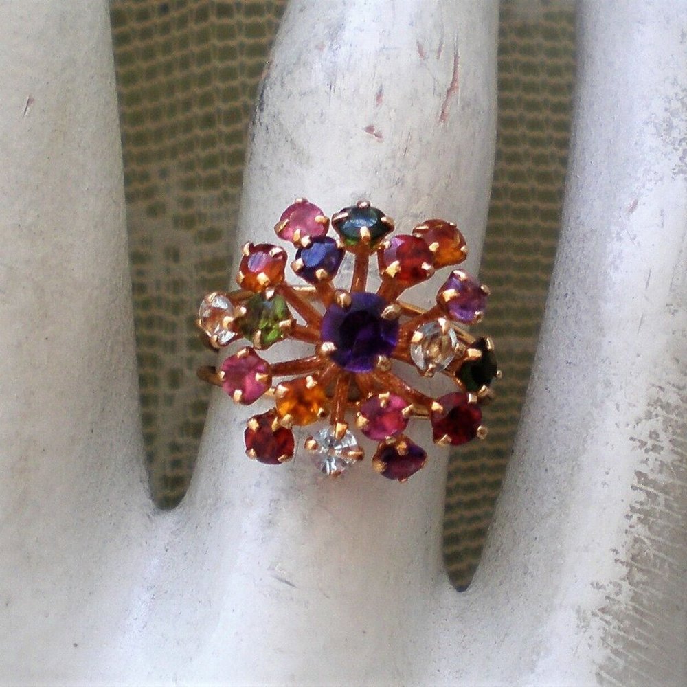 Vintage Retro Solid 18K Yellow Gold Multi Gem Cluster Sputnik Style Flower Ring